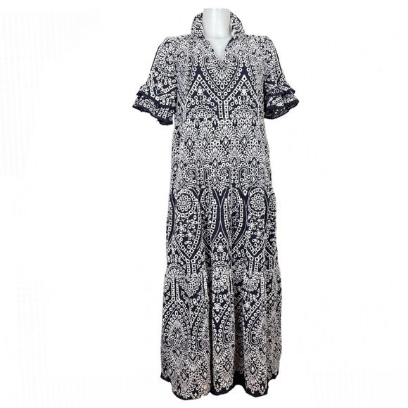 Chico's Navy and White Embroidered Eyelet Tiered Maxi Dress - Picture 2 of 8